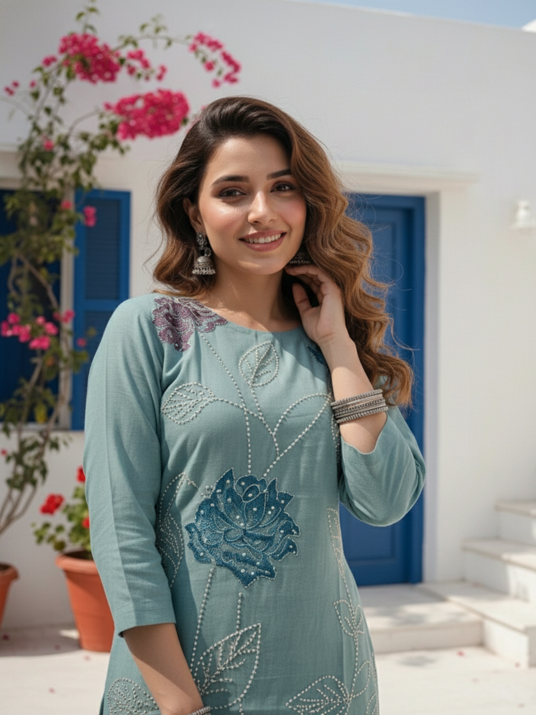 Floral Hand Painted & French Knot Embroidered Straight Kurta with Pant - Steel Blue