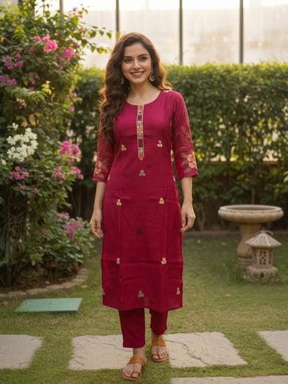 Floral Hand Painted & Embroidered Straight Fit Kurta with Pant - Magenta