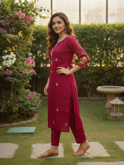 Floral Hand Painted & Embroidered Straight Fit Kurta with Pant - Magenta