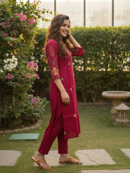 Floral Hand Painted & Embroidered Straight Fit Kurta with Pant - Magenta