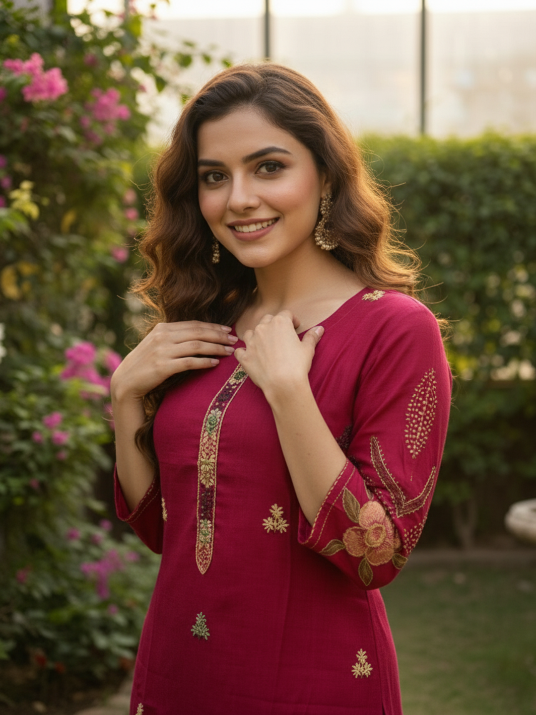 Floral Hand Painted & Embroidered Straight Fit Kurta with Pant - Magenta