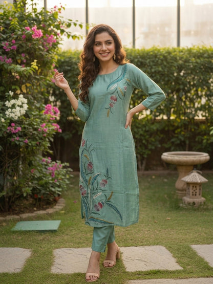 Floral Hand Painted & Embroidered Straight Kurta with Pant - Sea Green