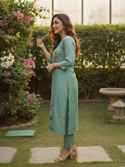 Floral Hand Painted & Embroidered Straight Kurta with Pant - Sea Green