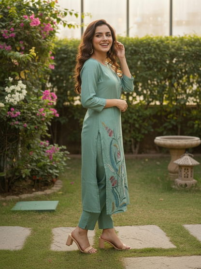 Floral Hand Painted & Embroidered Straight Kurta with Pant - Sea Green