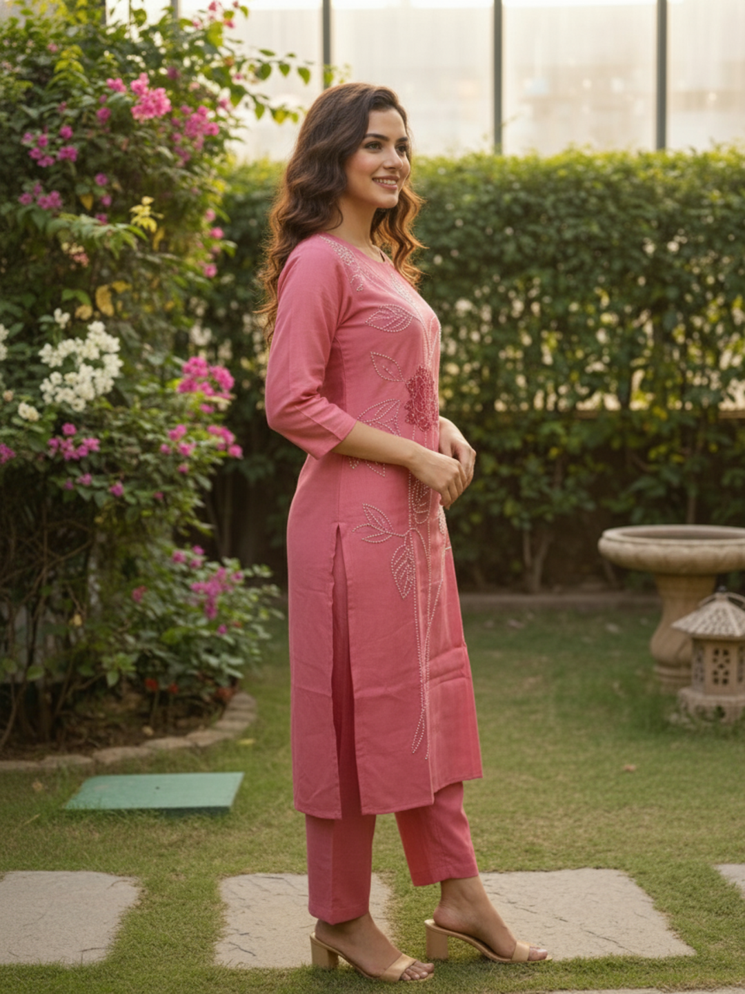 Floral Hand Painted & Embroidered Straight Kurta with Pant - Pink