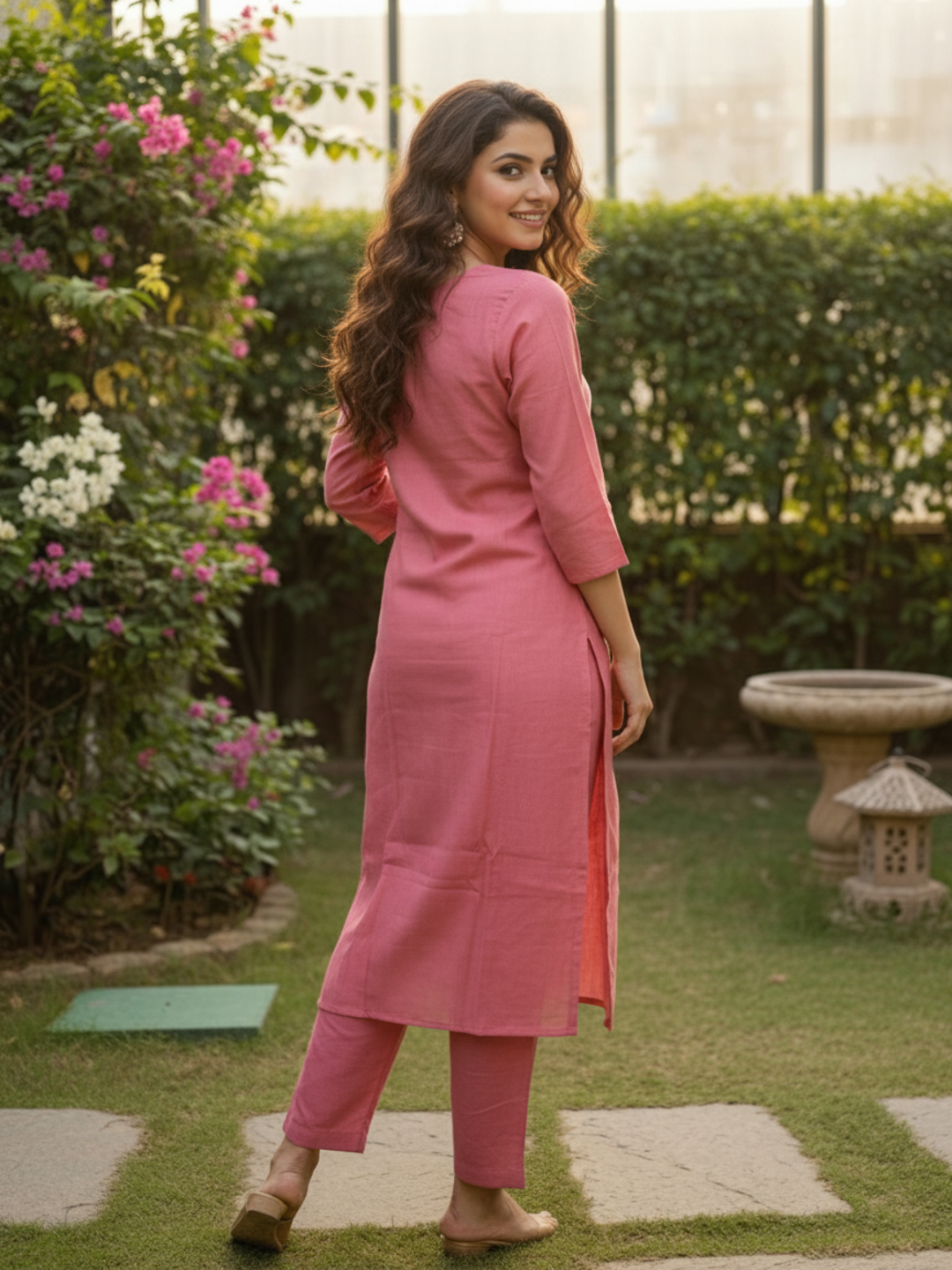 Floral Hand Painted & Embroidered Straight Kurta with Pant - Pink