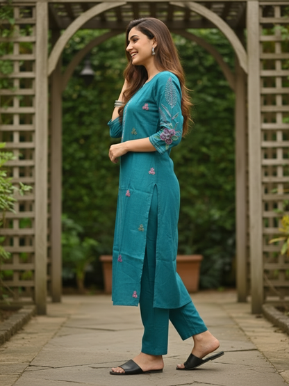 Floral Hand Painted & Embroidered Straight Fit Kurta with Pant - Turquoise Blue