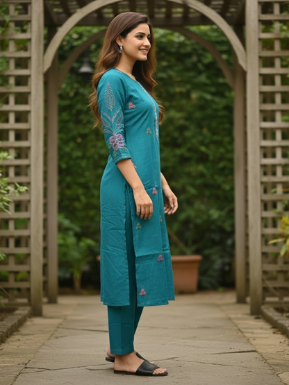Floral Hand Painted & Embroidered Straight Fit Kurta with Pant - Turquoise Blue