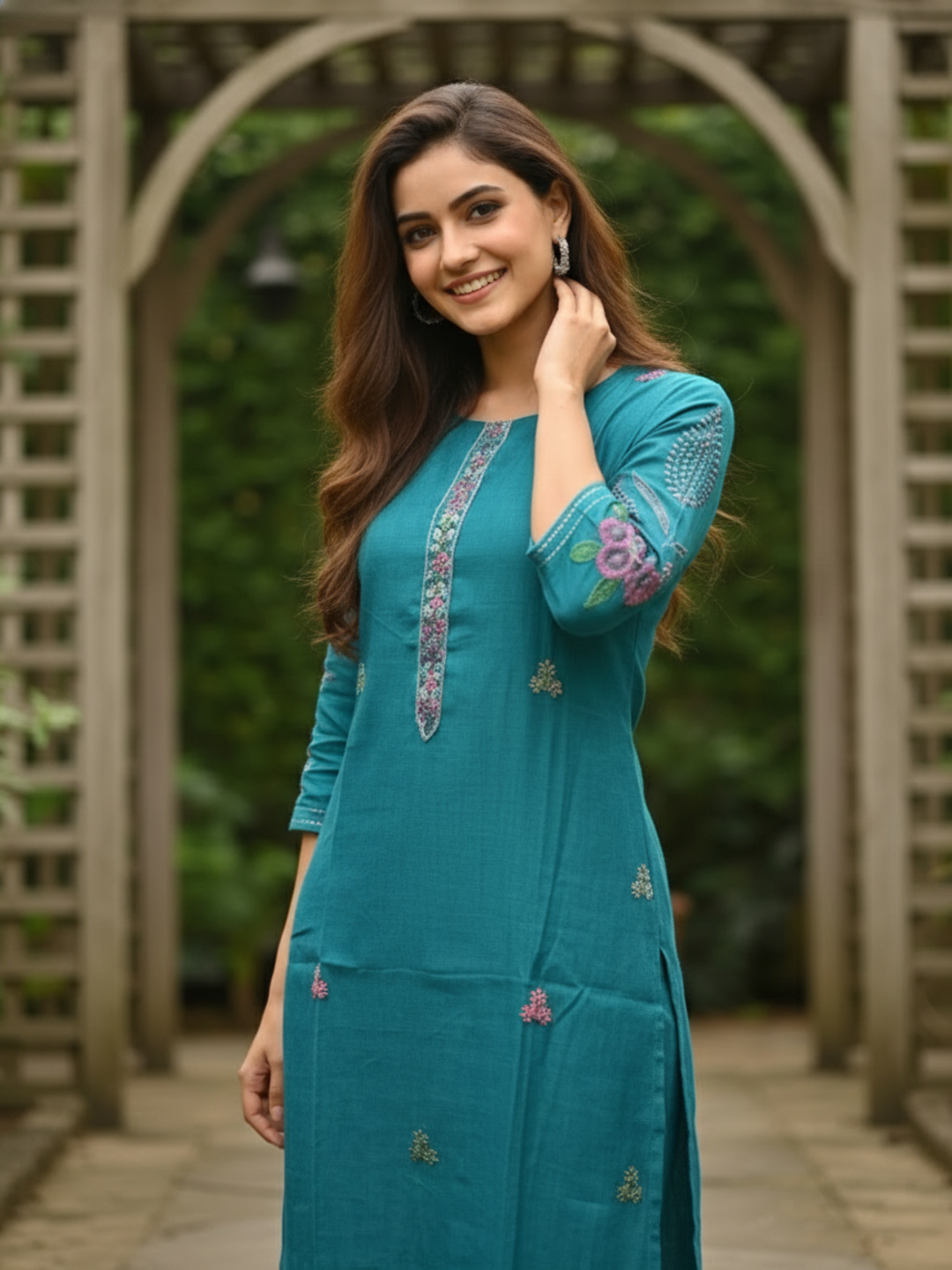 Floral Hand Painted & Embroidered Straight Fit Kurta with Pant - Turquoise Blue