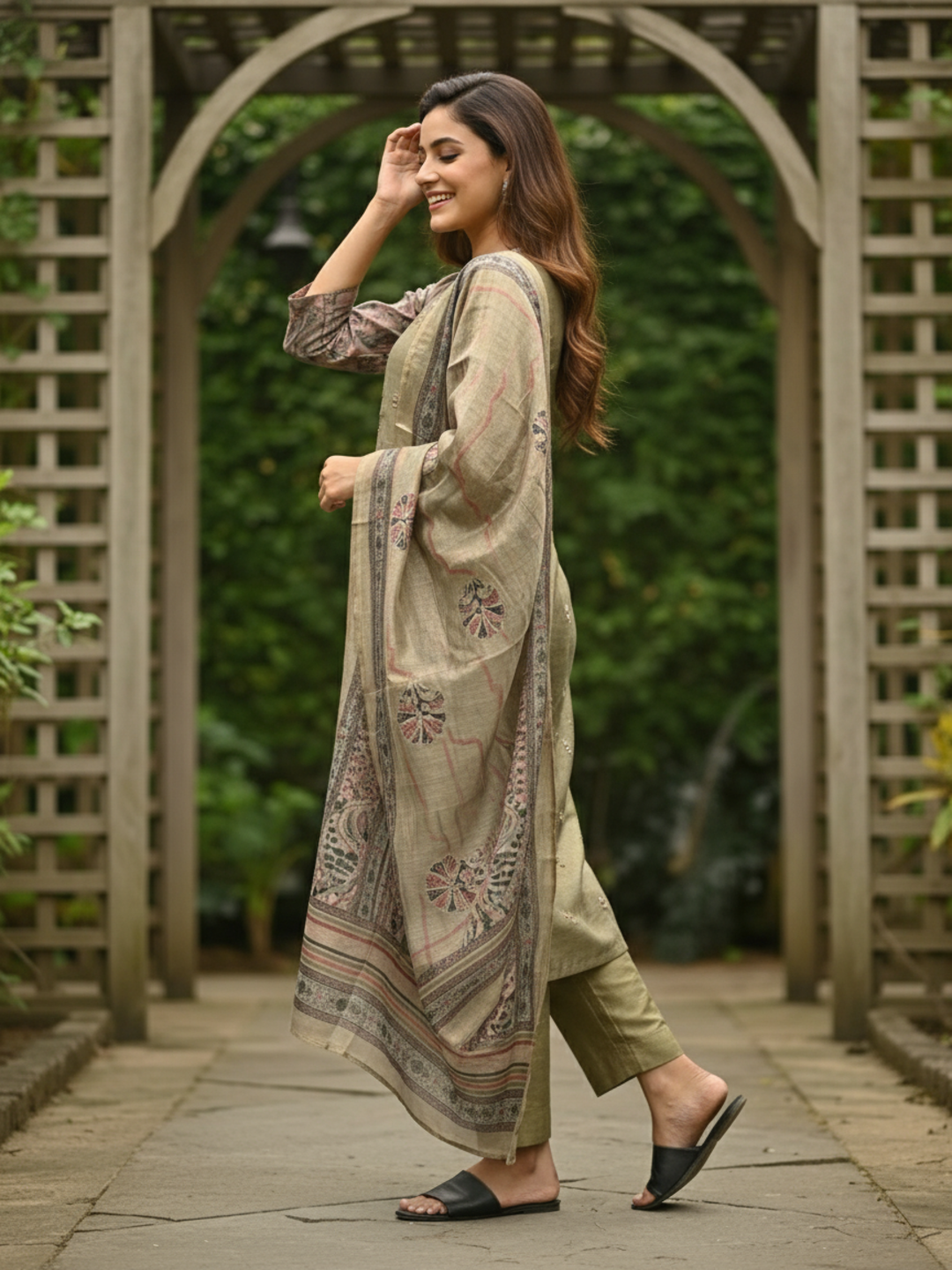 Ethnic Floral Printed & Embroidered Straight Kurta with Pant & Dupatta - Green