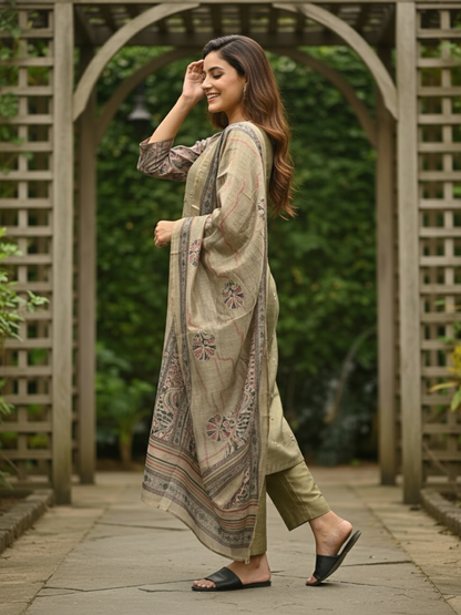 Ethnic Floral Printed & Embroidered Straight Kurta with Pant & Dupatta - Green