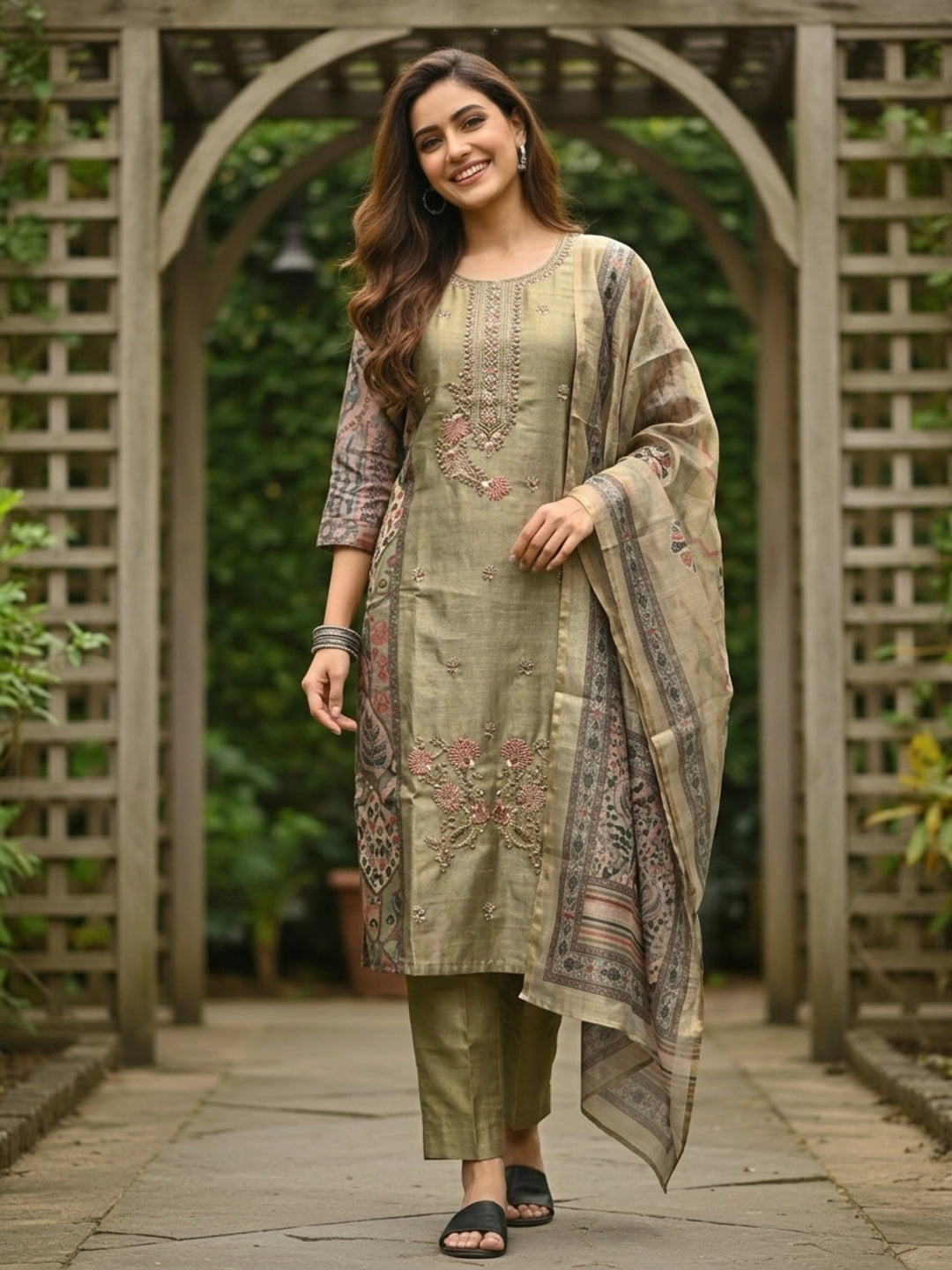 Ethnic Floral Printed & Embroidered Straight Kurta with Pant & Dupatta - Green