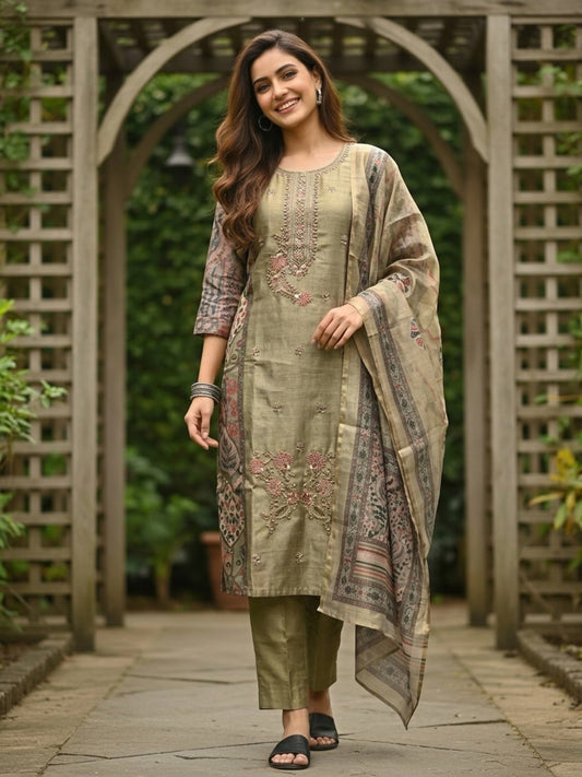 Ethnic Floral Printed & Embroidered Straight Kurta with Pant & Dupatta - Green