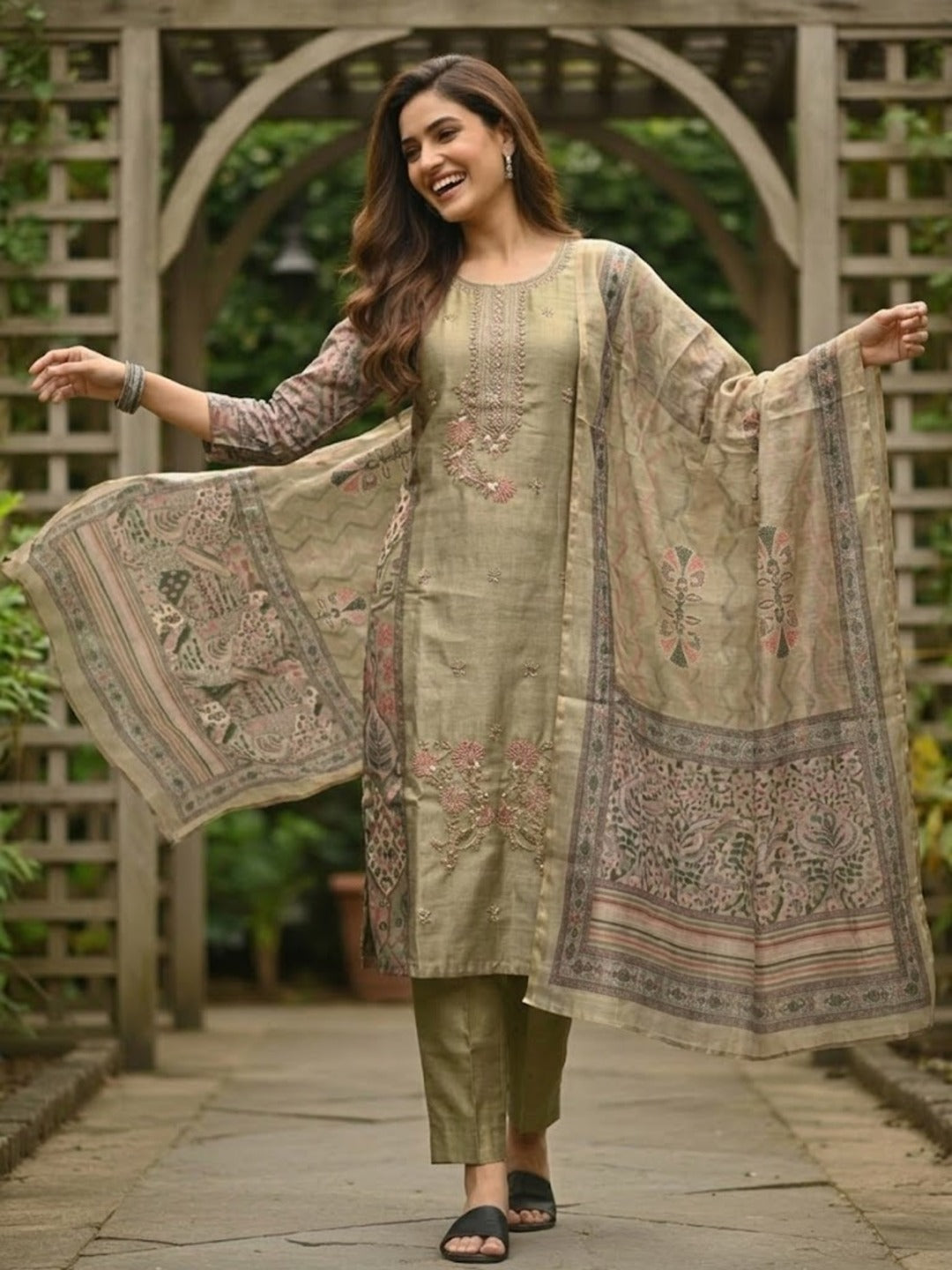 Ethnic Floral Printed & Embroidered Straight Kurta with Pant & Dupatta - Green