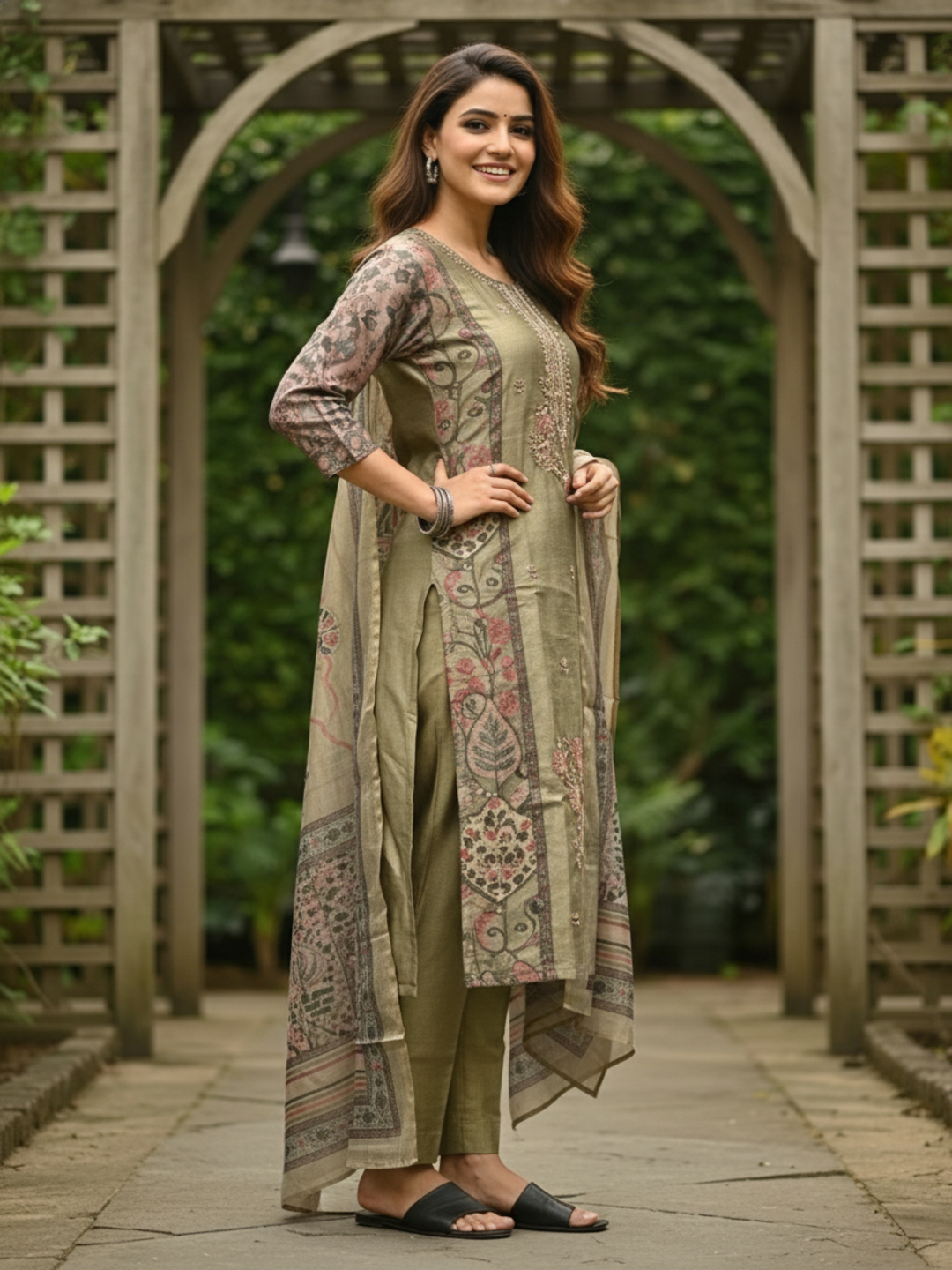 Ethnic Floral Printed & Embroidered Straight Kurta with Pant & Dupatta - Green