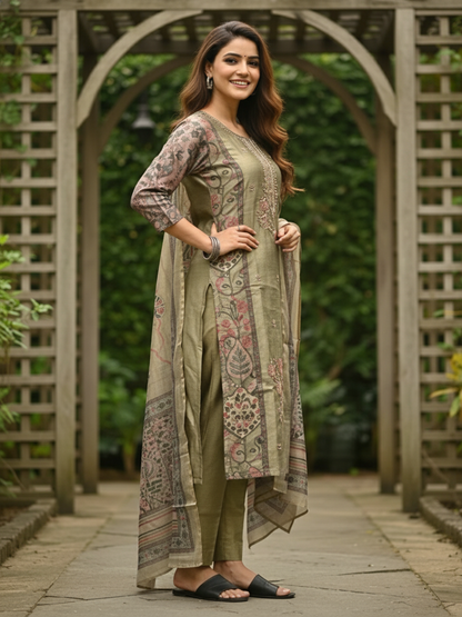 Ethnic Floral Printed & Embroidered Straight Kurta with Pant & Dupatta - Green