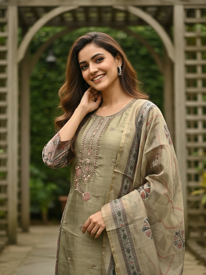 Ethnic Floral Printed & Embroidered Straight Kurta with Pant & Dupatta - Green
