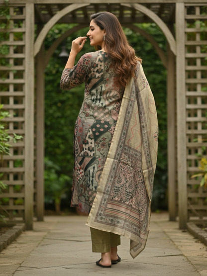 Ethnic Floral Printed & Embroidered Straight Kurta with Pant & Dupatta - Green