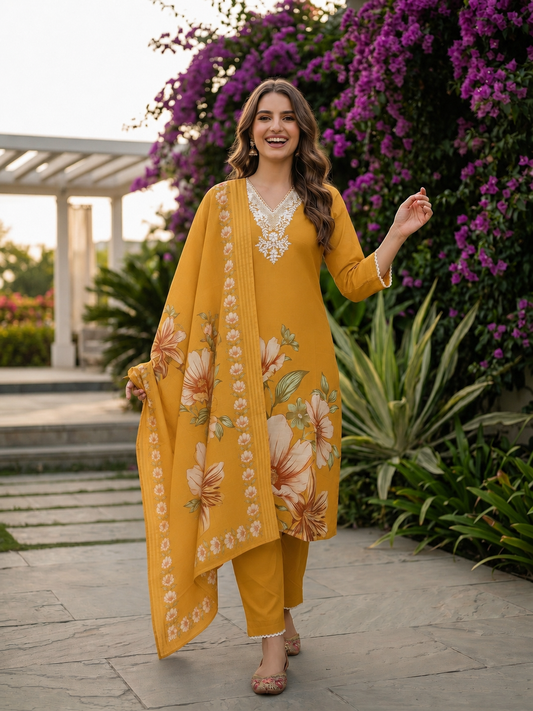 Floral Printed & Thread Sequin Embroidered Straight Kurta with Pant & Dupatta - Mustard