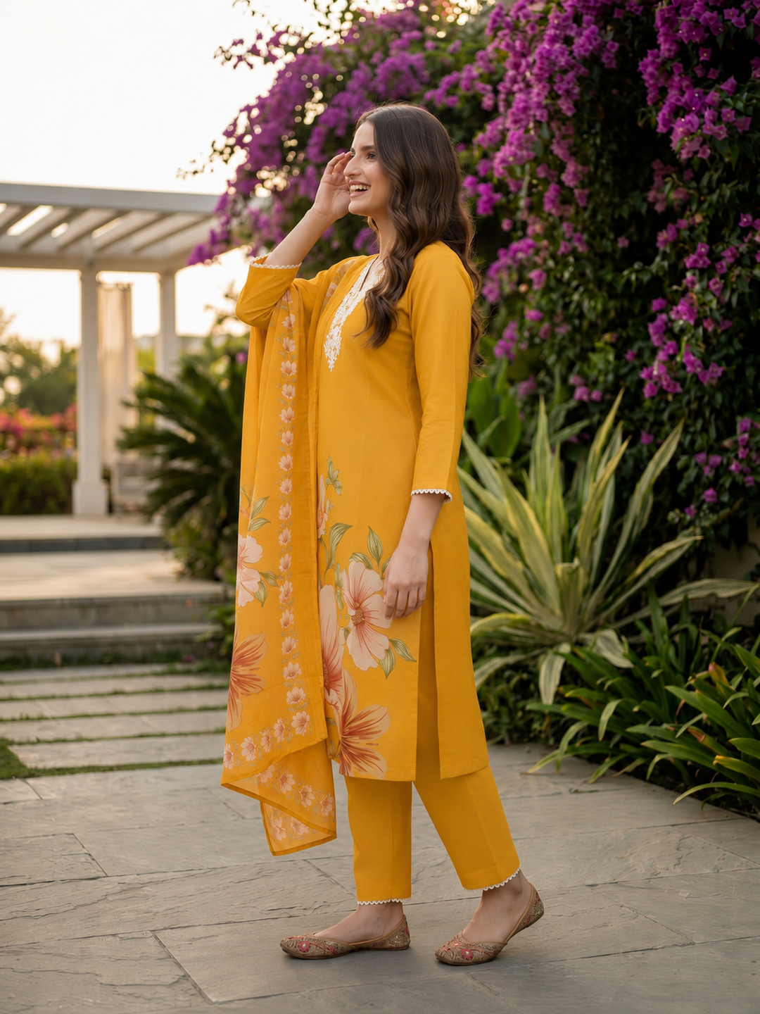 Floral Printed & Thread Sequin Embroidered Straight Kurta with Pant & Dupatta - Mustard