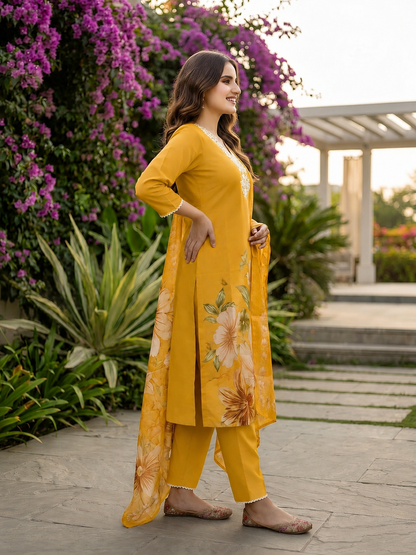 Floral Printed & Thread Sequin Embroidered Straight Kurta with Pant & Dupatta - Mustard
