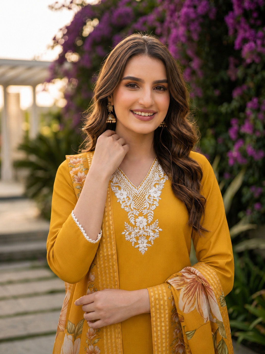 Floral Printed & Thread Sequin Embroidered Straight Kurta with Pant & Dupatta - Mustard