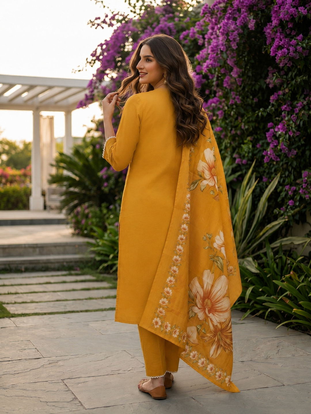 Floral Printed & Thread Sequin Embroidered Straight Kurta with Pant & Dupatta - Mustard