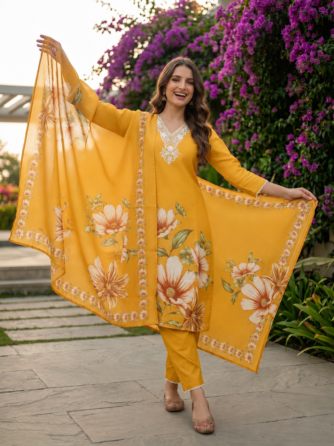 Floral Printed & Thread Sequin Embroidered Straight Kurta with Pant & Dupatta - Mustard