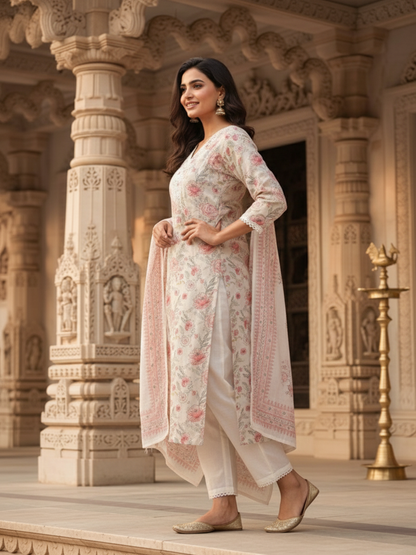 Floral Printed & Dori Embroidered Straight Kurta with Pant & Dupatta - Off White