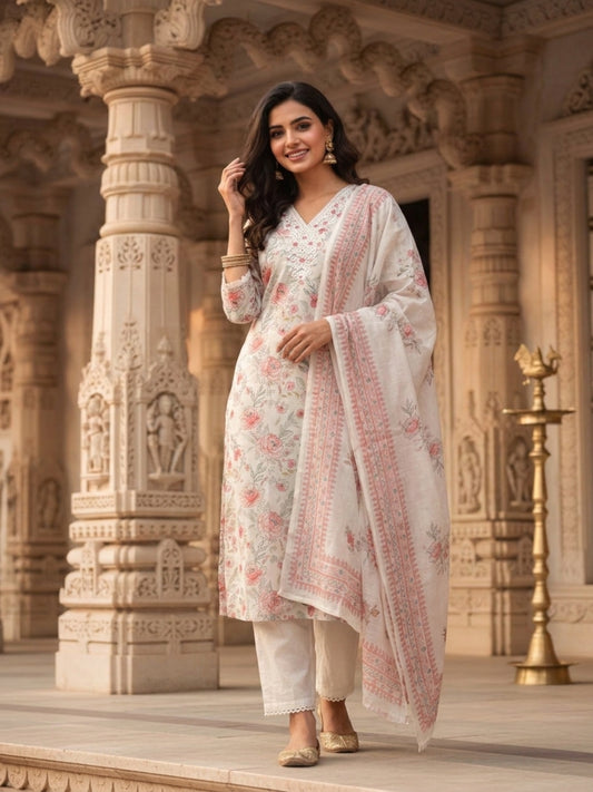 Floral Printed & Dori Embroidered Straight Kurta with Pant & Dupatta - Off White