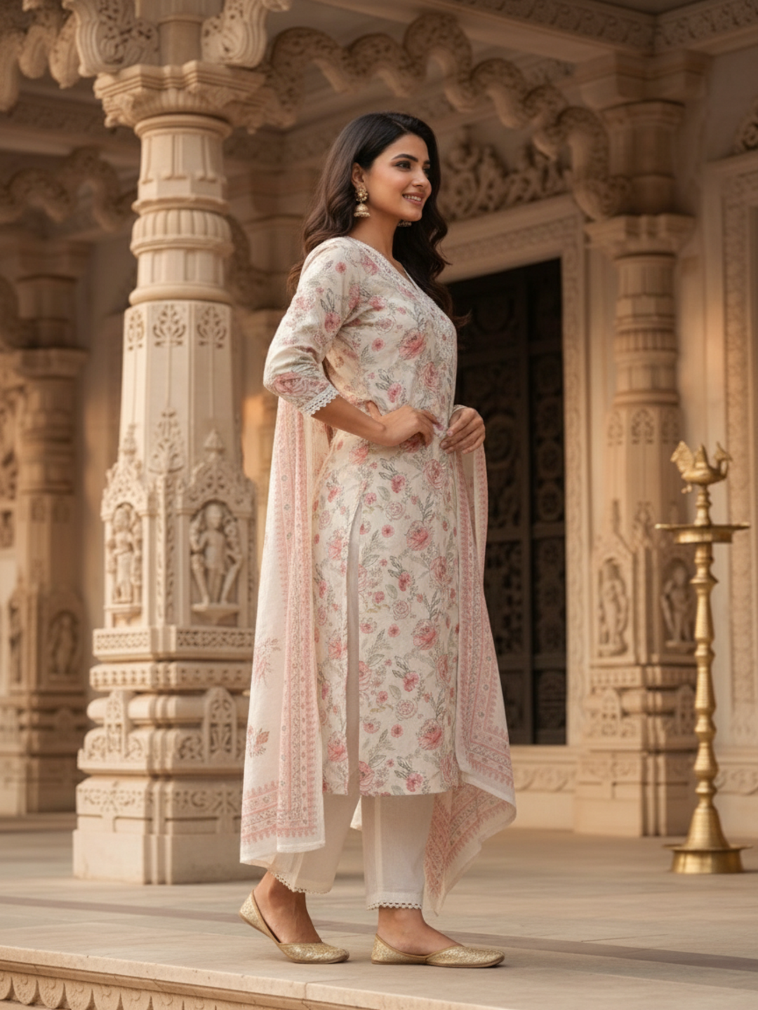 Floral Printed & Dori Embroidered Straight Kurta with Pant & Dupatta - Off White
