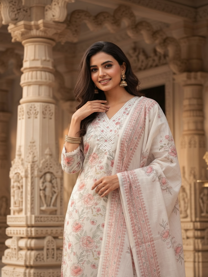 Floral Printed & Dori Embroidered Straight Kurta with Pant & Dupatta - Off White