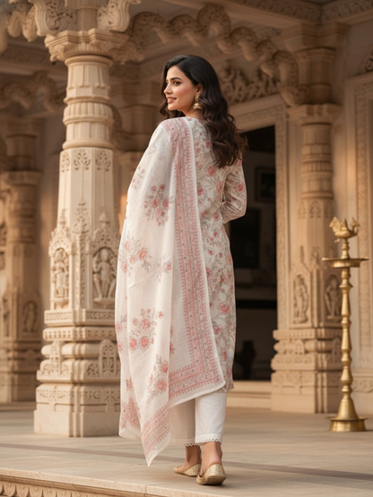 Floral Printed & Dori Embroidered Straight Kurta with Pant & Dupatta - Off White