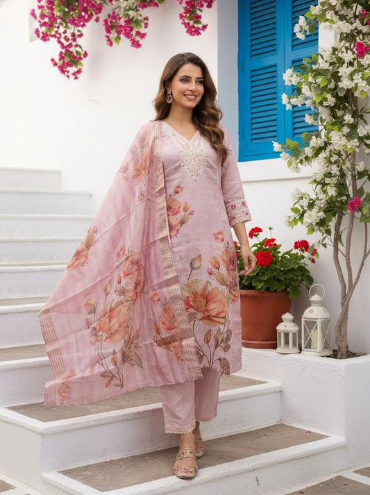 Rose Floral Printed Dori Embroidered Straight Kurta with Pant & Dupatta