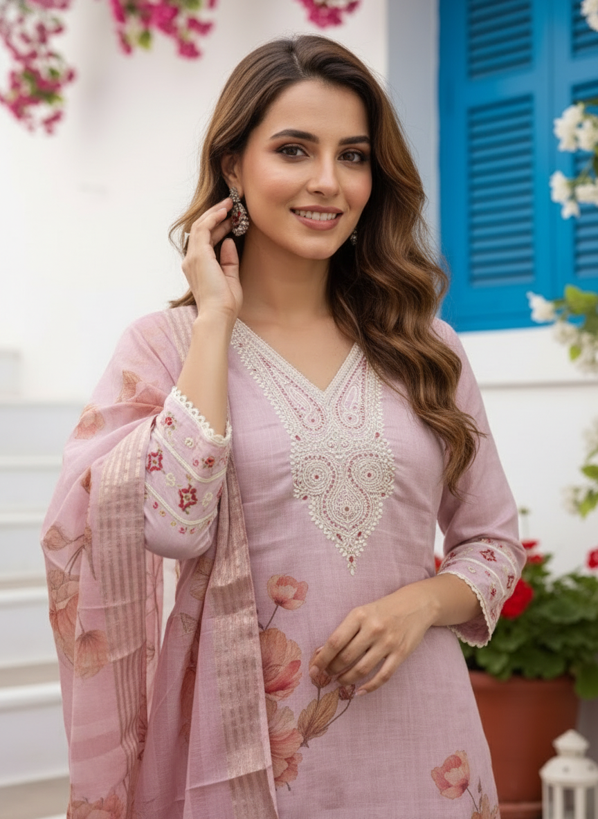 Rose Floral Printed Dori Embroidered Straight Kurta with Pant & Dupatta