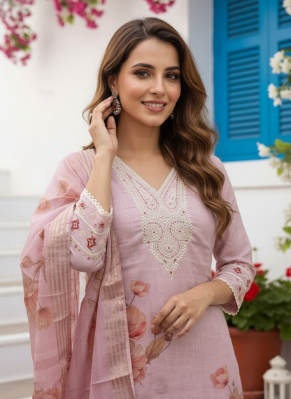Rose Floral Printed Dori Embroidered Straight Kurta with Pant & Dupatta
