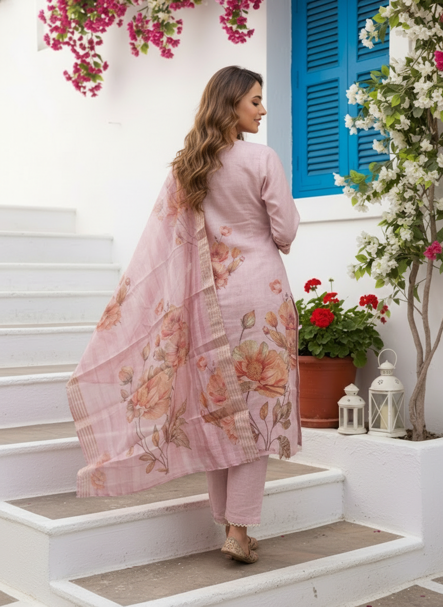 Rose Floral Printed Dori Embroidered Straight Kurta with Pant & Dupatta