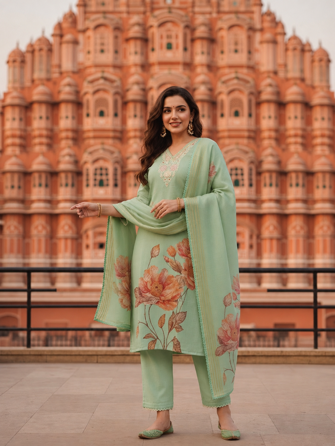 Mint Green Floral Printed Dori Embroidered Straight Kurta with Pant & Dupatta