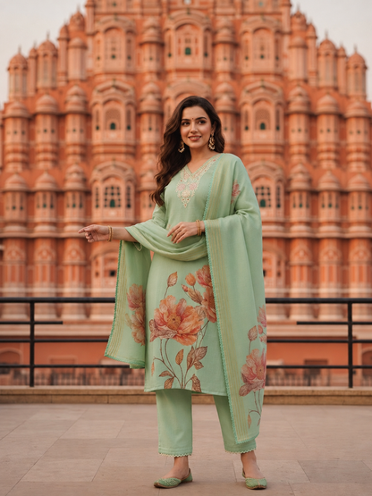 Mint Green Floral Printed Dori Embroidered Straight Kurta with Pant & Dupatta