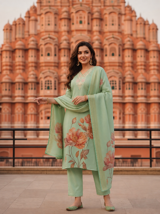 Mint Green Floral Printed Dori Embroidered Straight Kurta with Pant & Dupatta