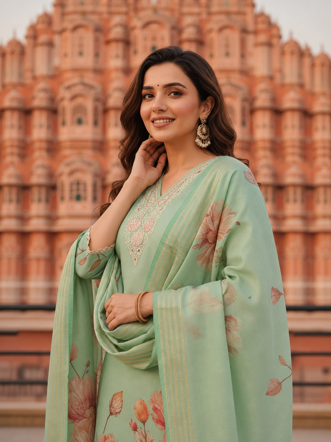 Mint Green Floral Printed Dori Embroidered Straight Kurta with Pant & Dupatta