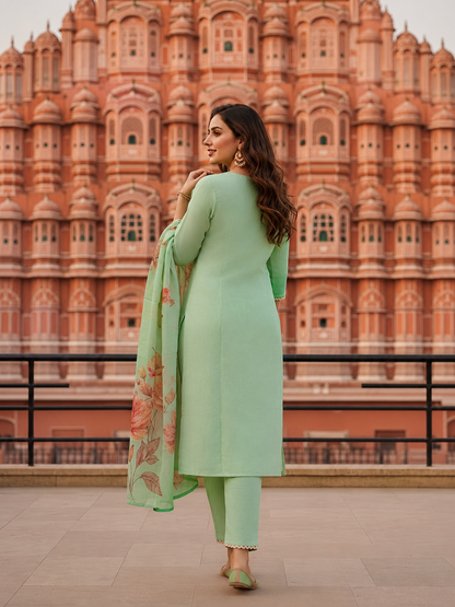 Mint Green Floral Printed Dori Embroidered Straight Kurta with Pant & Dupatta