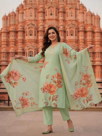 Mint Green Floral Printed Dori Embroidered Straight Kurta with Pant & Dupatta