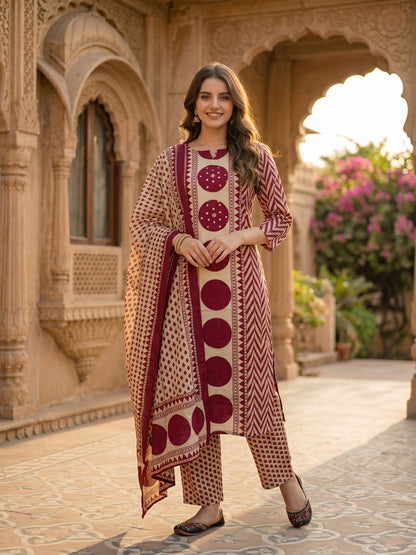 Abstract Geometric Printed Mirror Work & Sequin Straight Kurta with Pant & Dupatta - Burgundy