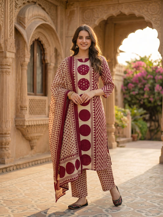 Abstract Geometric Printed Mirror Work & Sequin Straight Kurta with Pant & Dupatta - Burgundy