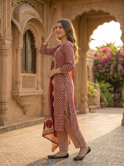 Abstract Geometric Printed Mirror Work & Sequin Straight Kurta with Pant & Dupatta - Burgundy