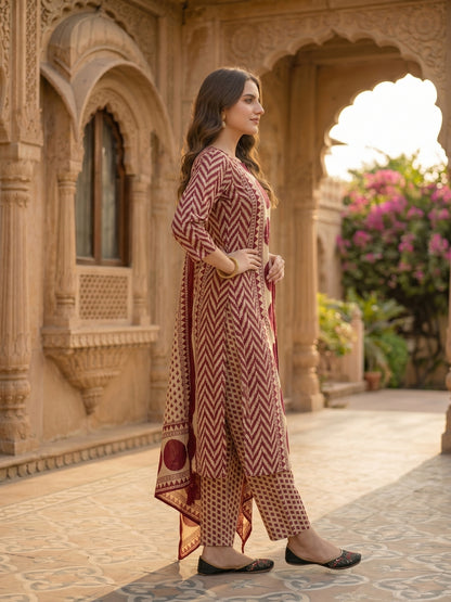 Abstract Geometric Printed Mirror Work & Sequin Straight Kurta with Pant & Dupatta - Burgundy