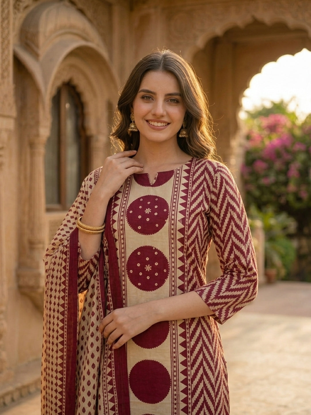 Abstract Geometric Printed Mirror Work & Sequin Straight Kurta with Pant & Dupatta - Burgundy