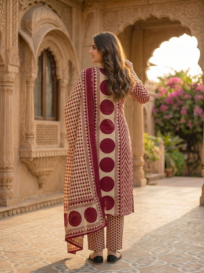 Abstract Geometric Printed Mirror Work & Sequin Straight Kurta with Pant & Dupatta - Burgundy