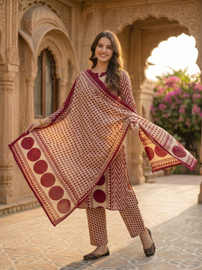 Abstract Geometric Printed Mirror Work & Sequin Straight Kurta with Pant & Dupatta - Burgundy